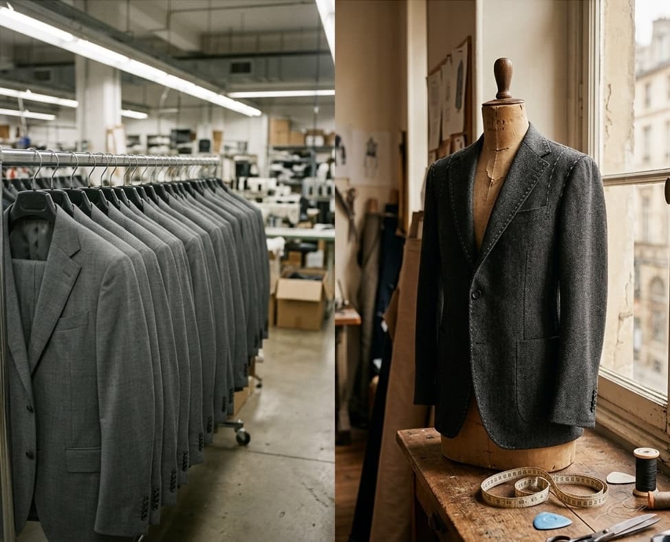 Off-the-rack vs bespoke: a rack of identical suits beside a single tailored jacket