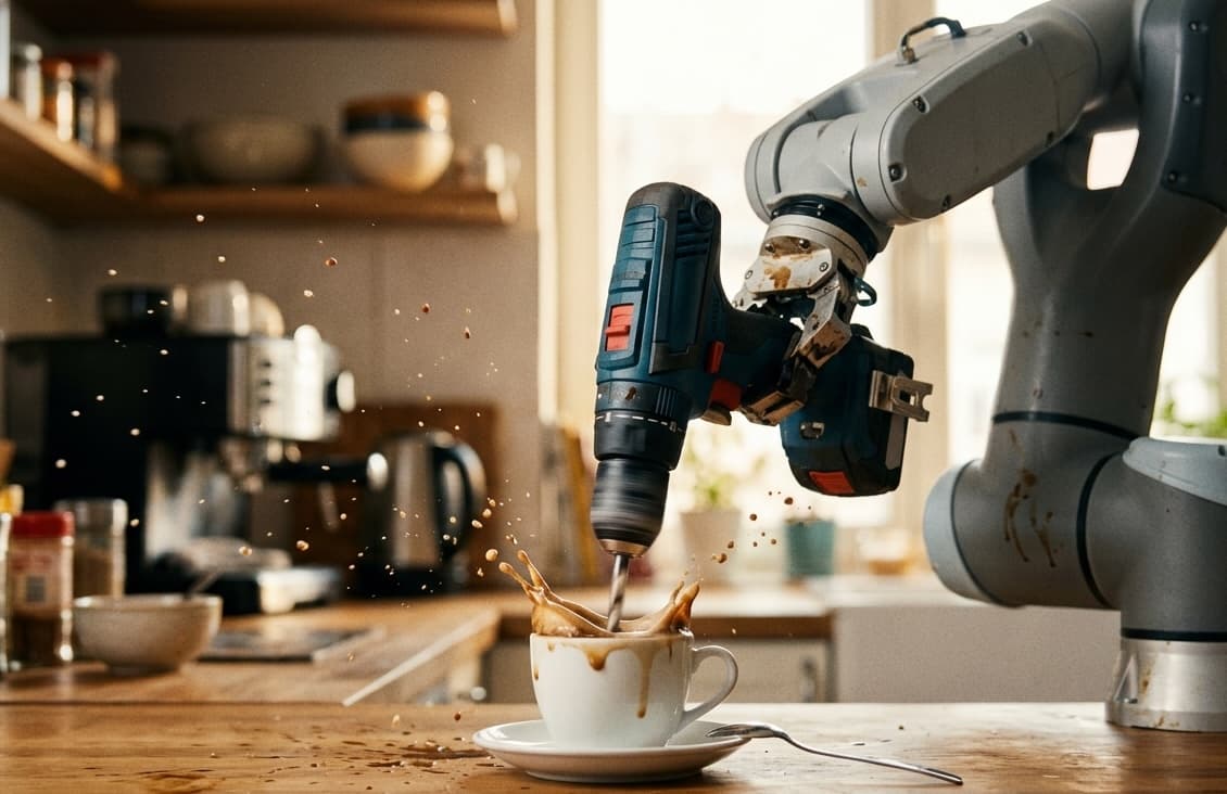 A robotic arm gripping a power drill, using it to stir a cup of coffee — splashing everywhere
